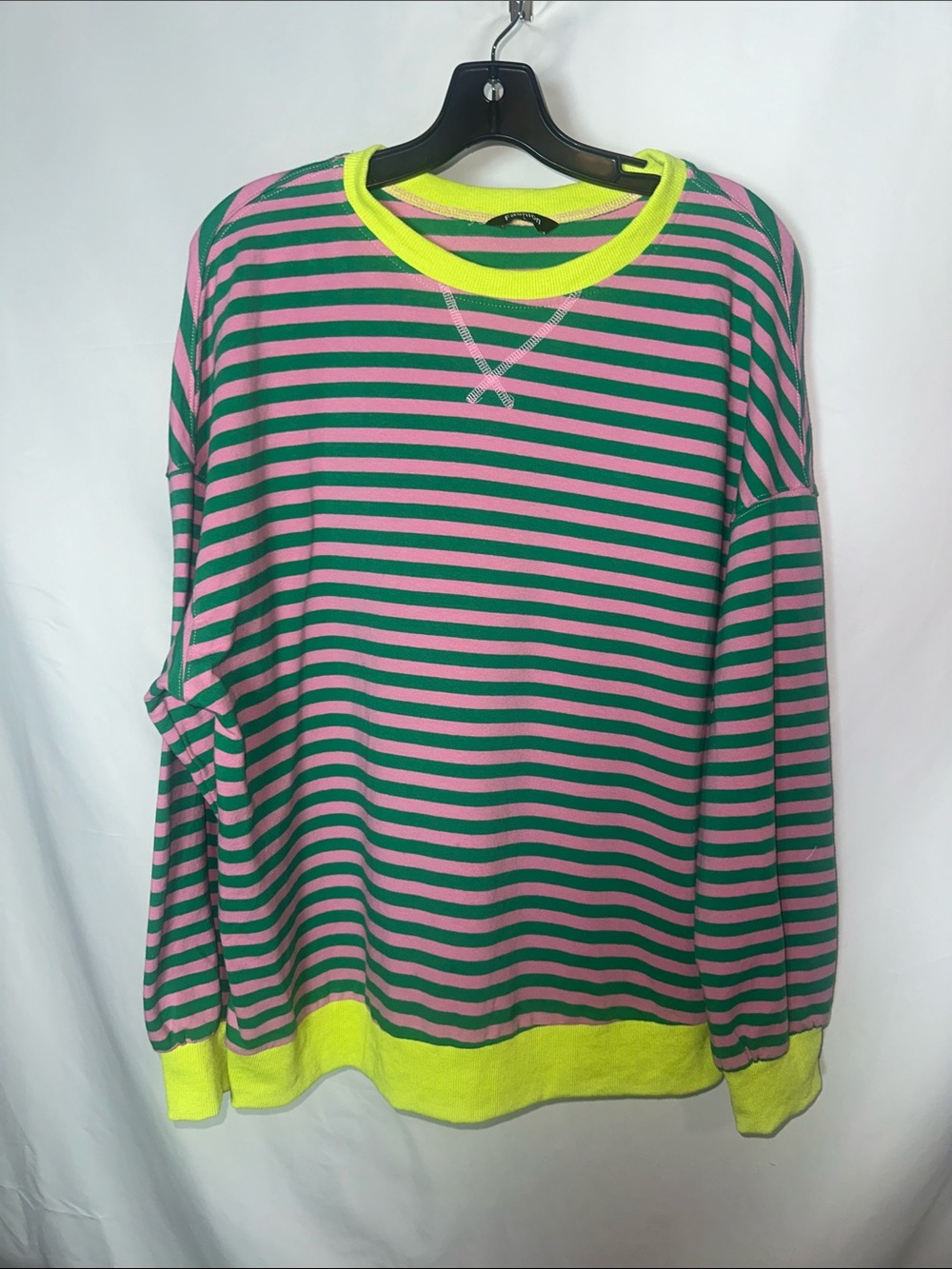 Neon-Trim Pink and Green Striped Crewneck Sweatshirt